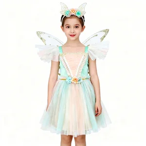 Dream Party Children Girls Fairy Dress Set with Colorful Wings Flower Headband Tulle Skirt 100% Polyester Stage Performance