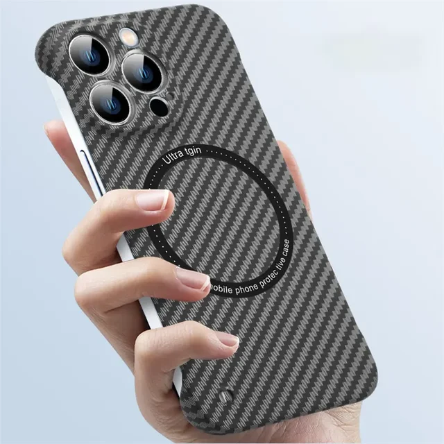 Borderless Carbon Fiber Pattern Magnetic Leather Wireless Charging Phone Case for iPhone 14 11 Pro Plus Max Mobile Phone Cases