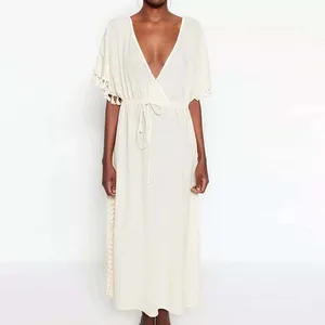 Clothing Manufacturers Custom Spring Summer Autumn Plunge Neck Backless Bat Sleeve Tassel Weave Slit Beach Maxi  Dress
