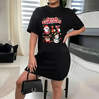 Manufacturers wholesale custom fashion women's Christmas cartoon print casual bag hip T-shirt dress women's party evening dress