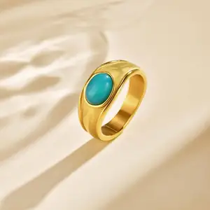 Simple Retro Stainless Steel Oval Natural Stone Ring Oval Tianhe Stone Finger Ring Women Gifts Jewelry