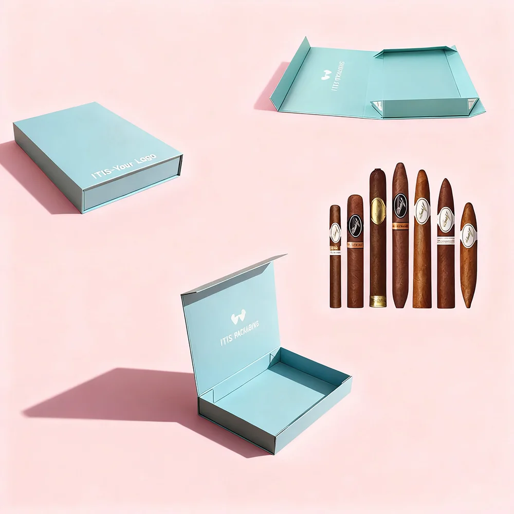 علبة سيجار رمادية فاخرة | علبة طي مغناطيسية للحفاظ على الرطوبة حسب الطلب | علبة سفر صغيرة مع حماية إسفنجية