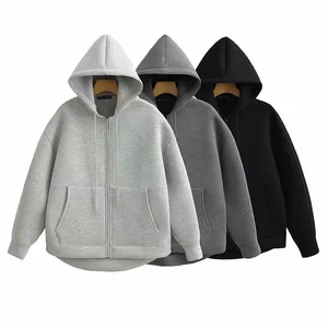 Winter New Women's Zipper Hoodie High Street Unisex Style Double Pockets Oversize Loose Sweatshirts Outerwear Top