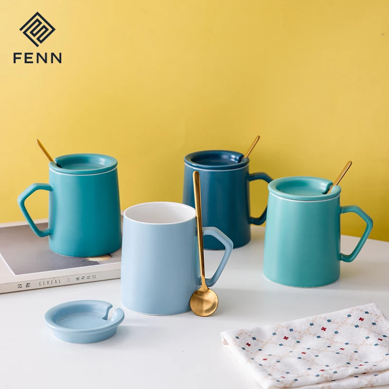 product fenn home office used blue color unique handle porcelain mug 350ml matte glaze ceramic coffee water mugs cups with lid-57