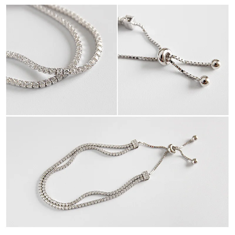 Real Sterling Silver Women Bracelets Clear Stone CZ  Double Layer Cup Chain Adjustable Tennis Bracelet Silver 925 Jewelry