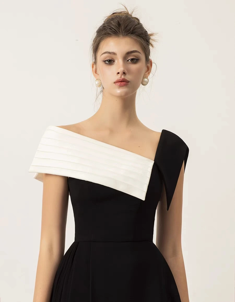 Black and White Oblique Shoulder Irregular Dress for Women
