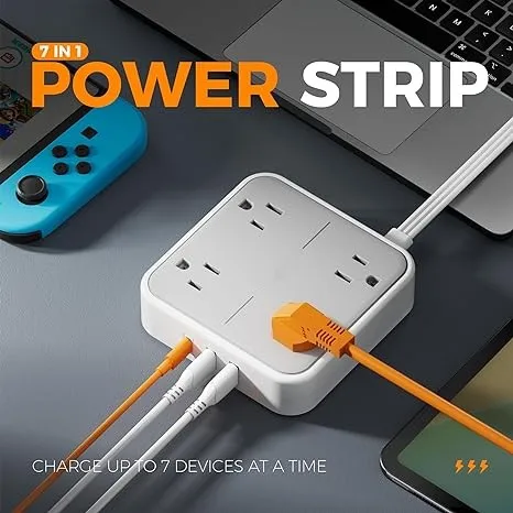 US Type Flat Plug Surge Protector Power Strip 5 ft Ultra Thin Extension Cord with 3 USB Wall Charger 1 USB C Port