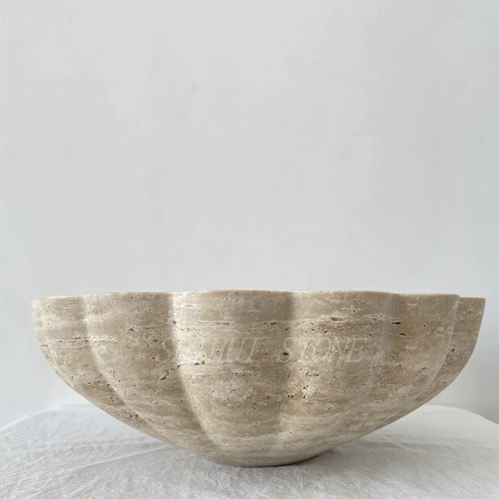 Home Accessaries Flower Design Natural Travertine Stone Fruit Bowl Travertine Bowl Travertine Tray