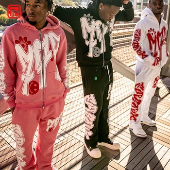 Men's Custom Applique Patch Embroidery Hoodie Sun Faded Flared Sweatpants Set Acid Wash Zip Hoodie Sweatsuit Plus Size