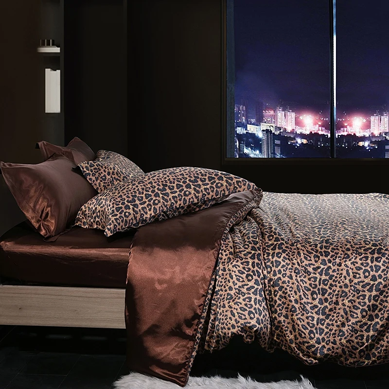 Wholesale luxury Leopard grain design washed silk bedding set bed sheet set bed linen