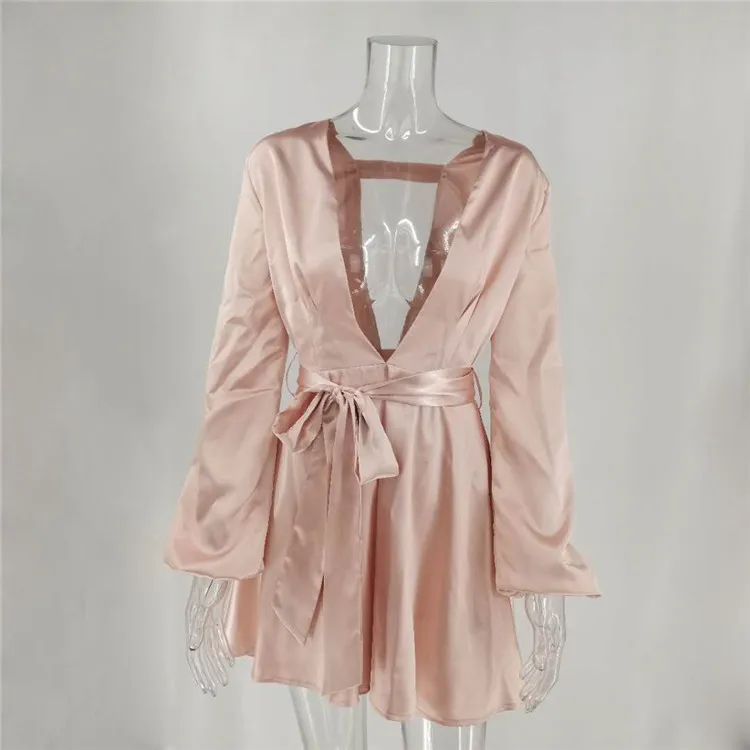Женское атласное мини-платье с поясом длинным рукавом-фонариком глубоким V-образным вырезом и бантом на спине ажурные сексуальные праздничные платья лето
