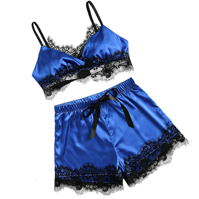 Dropshipping Lingerie Sexy Bra Set Womens Sleepwear Sleeveless Sling Lace Satin Tops Pajama 9834