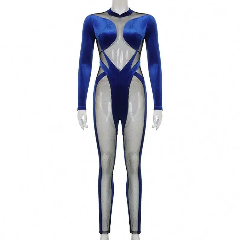 Blue Velvet Luxe Rhinestone Bodycon Jumpsuit