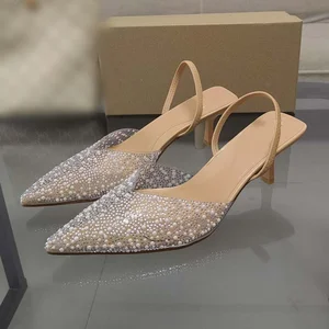 QuiteS 2026 Summer New Transparent Diamond-Pearl Slip-On Square Heel Anti-Slip Waterproof Peep-toe Pointy Sandals for Women