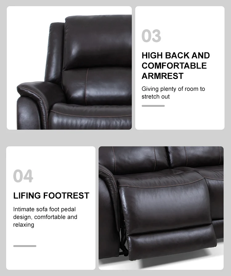 MANWAH CHEERS 3 Seater Recliner with High Back and Footrest Black Genuine Leather Triple Power Recliner Sofa American Style Sofa