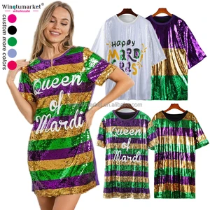 Mardi Gras Apparel Glitter Mini Dress Color Block Stripe Short Sleeve Oversized Top Sequin t Shirt Dresses for Women