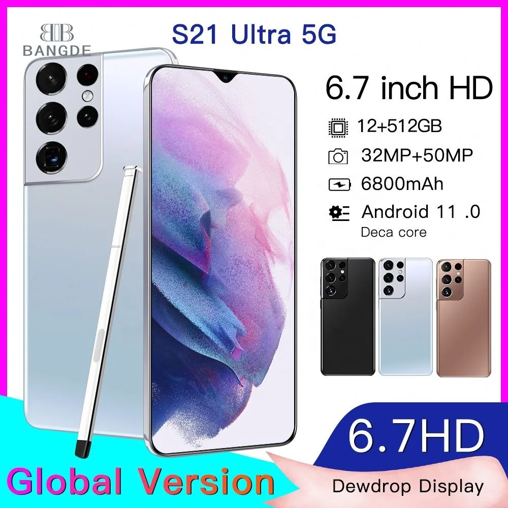 Wholesale Global version original S21 Ultra 12GB+512GB Android smartphone  With stylus Support 4G 5G network Super endurance mobile phone From  m.