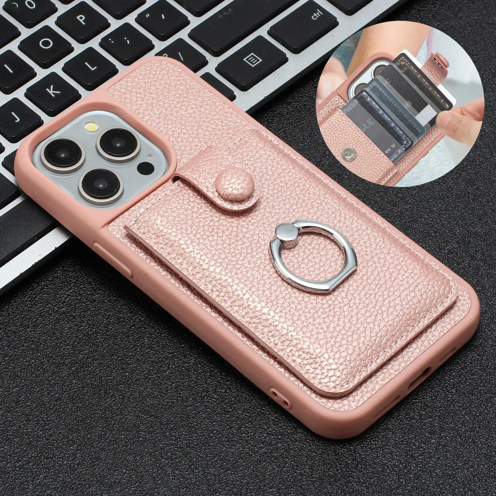 Laudtec TPU PC Waterproof Shockproof Cell Phone Case with Wallet Function Ring Holder For iPhone 16 15 14 13 12 Pro Max