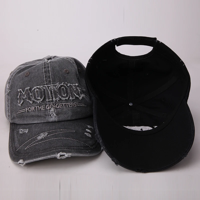 Factory Wholesale High Quality Custom Logo Broken Distressed Denim Baseball Cap 6 Panel Unstructured Denim Dad Hat