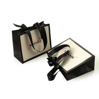 OEM Custom gift bag printing your logo elegant paper bag with black ribbon Recyclable shopping jewelry paper bag retail