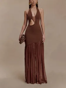 STOCK Trendy Plain Cut Out Women Dress Pleated Maxi Dress Sleeveless Robe S-XL