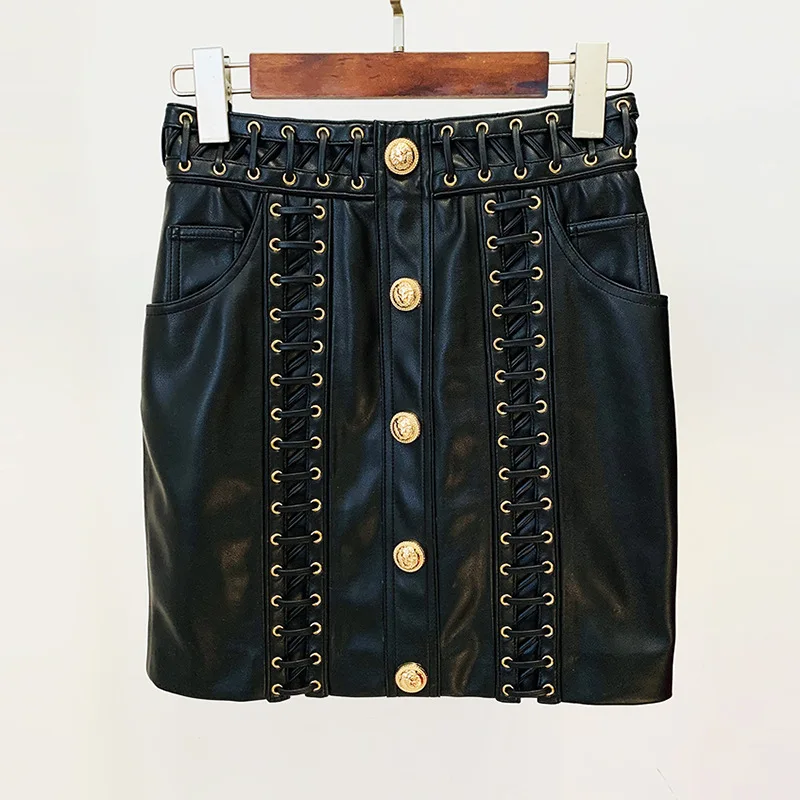 New Ready to Ship or Custom High Quality Fashion Two Pieces Black PU Leather Skirt and Jacket Suits Set Women