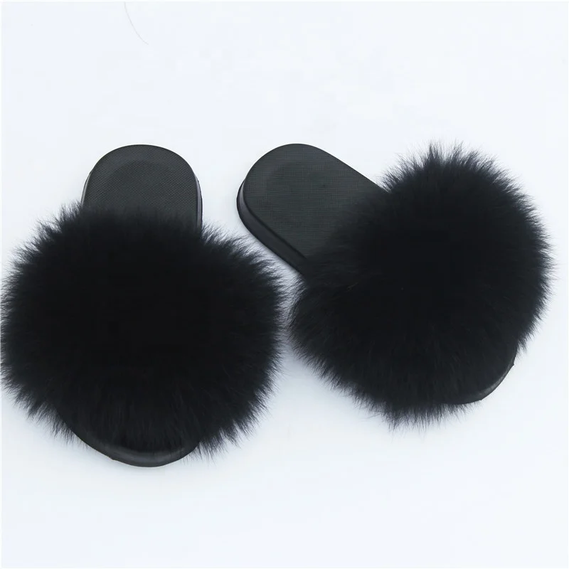 Оптовая продажа с фабрики, Нескользящие меховые тапочки, детские меховые тапочки радужной расцветки для маленьких девочек, детские меховые тапочки из лисьего меха