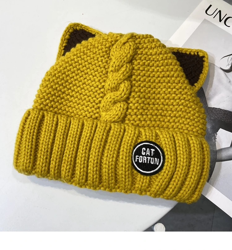 Custom cartoon cute kawaii knitted hat with cat ears winter fleece warm wool knitted beanie hat