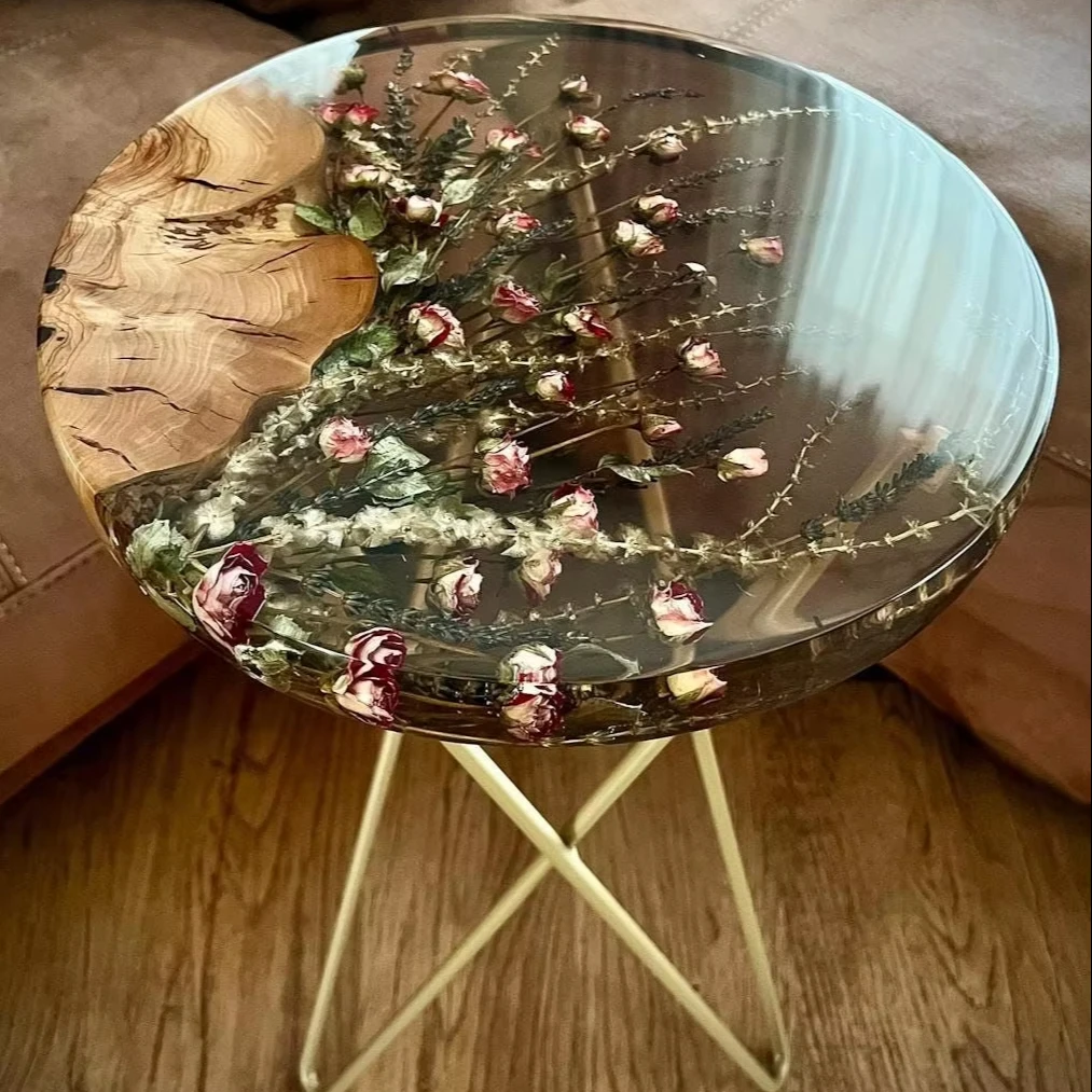 Elegant Custom Modern Handcrafted Flower Round Table in River Epoxy Resin