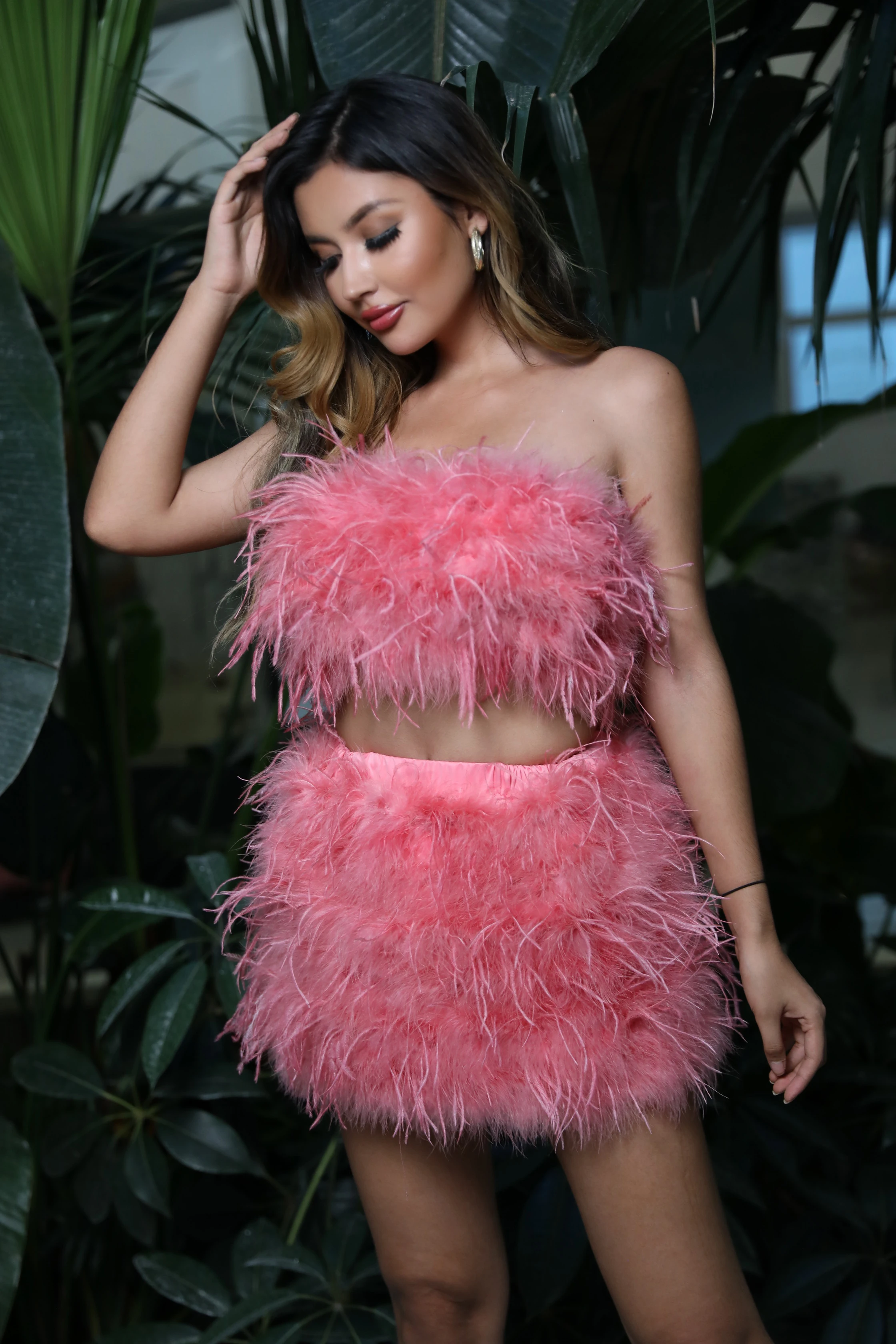 Fashion Sexy Crop Fur Top Feather Skirt Set Solid Color Ostrich Feather Fur  Two Piece Set Women
