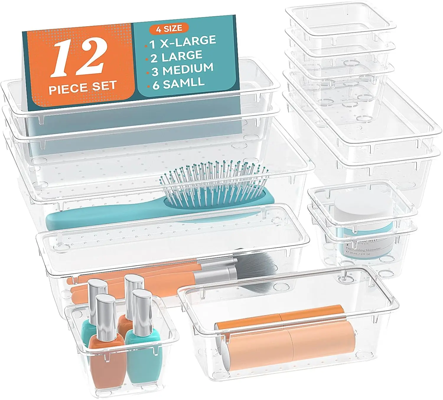 Drawer Organizer Set 4 Sizes Clear Plastic Makeup Vanity Organizer for Makeup, Stationery, Gadgets, Kitchen, Bathroom, Office