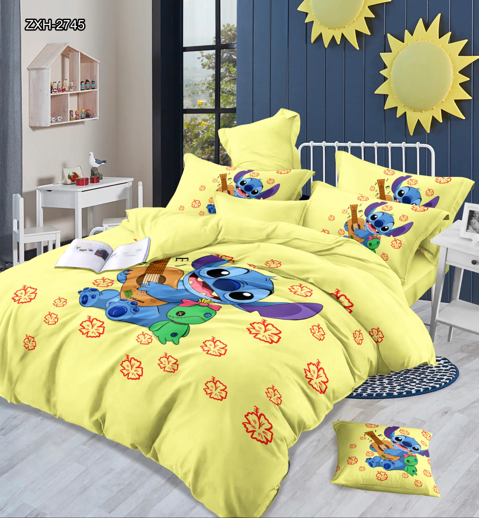 Lilo Stitch Blue Cartoon Digital Printing 3-Piece Bedding Set Duvet Cover Pillowcase Polyester Filling Folded Kids Bedding