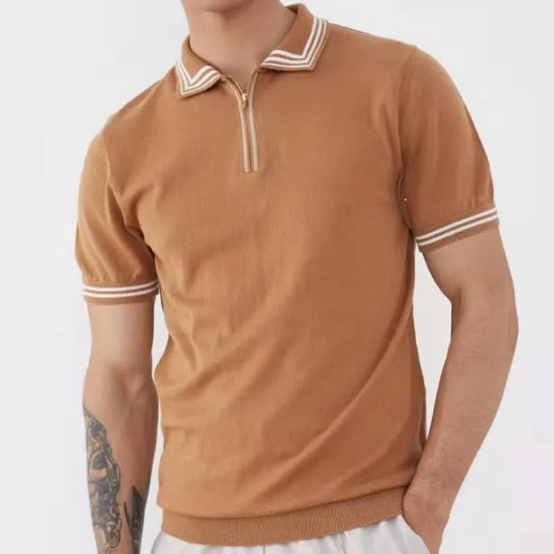 Men Pattern Stripe Print Patchwork Knitting Casual Soft Summer Fashion Men Short Sleeve Slim GOLF Polo Shirt