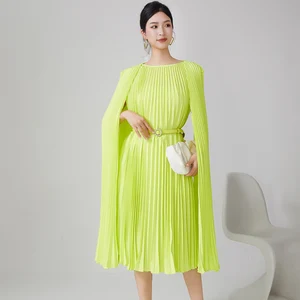 Women's 2024 Casual Pleated Midi Dress Free Size Breathable With Irregular Cloak Sleeve and Loose Belt Autumn Knee-Length