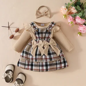 Cross-border INS Newborn Baby Girl Spring Autumn Flying Long Sleeve Jacket Plaid Back Skirt Hair Accessories 3-piece Set