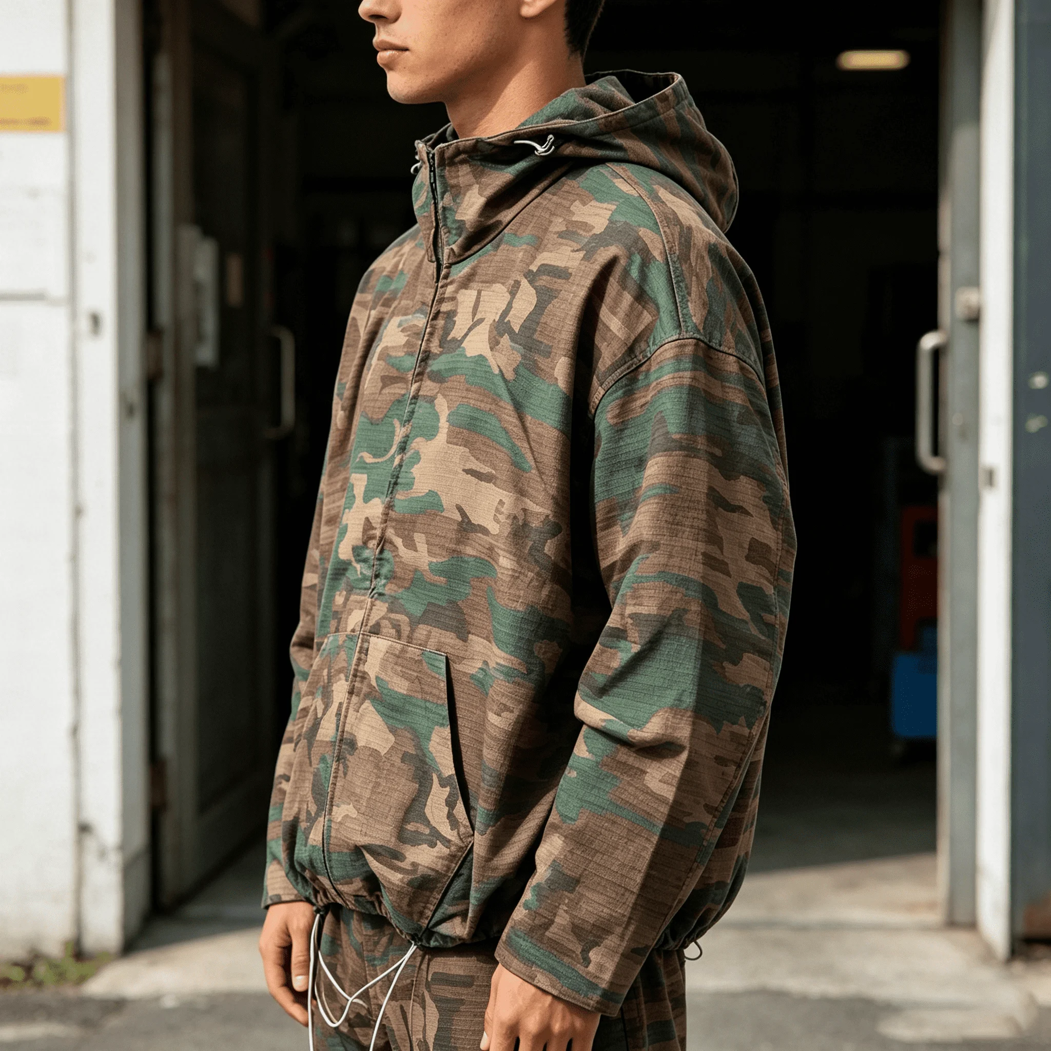 Custom Hooded Twill Cotton Hunting Jacket for Men,Woodland Camo Pattern Printed Outwear Jacket with Drawstring Design gallery 4