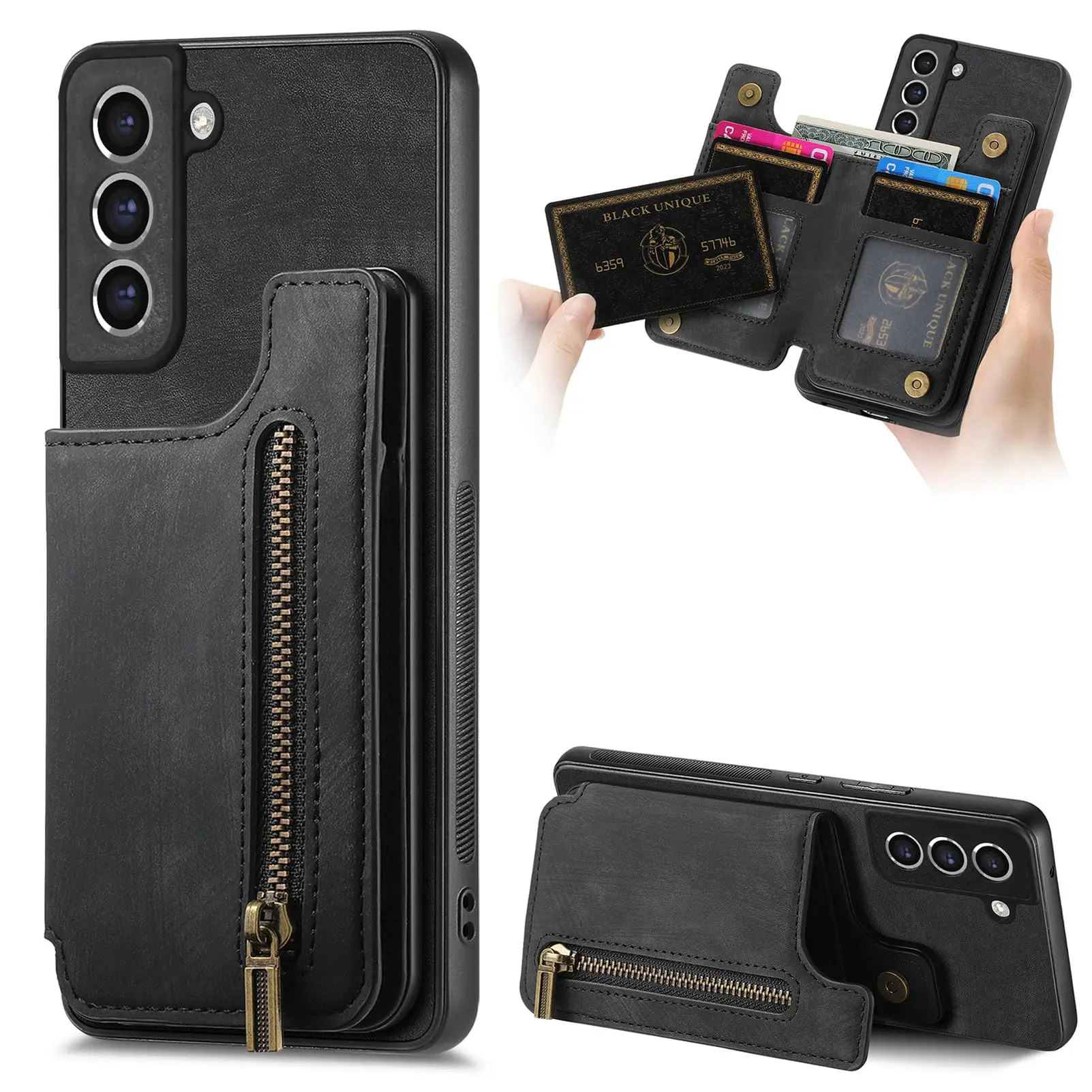 Customized Black PU Card Holder for Samsung Galaxy S24 FE Case Zipper Wallet Case With Stand Function Magnetic Phone Case