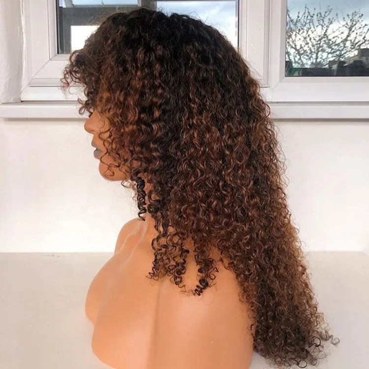 Cuticle Aligned 1B/30 Brown Kinky Curly Peruvian Human Hair Lace Frontal Wigs With Bang - Image 5