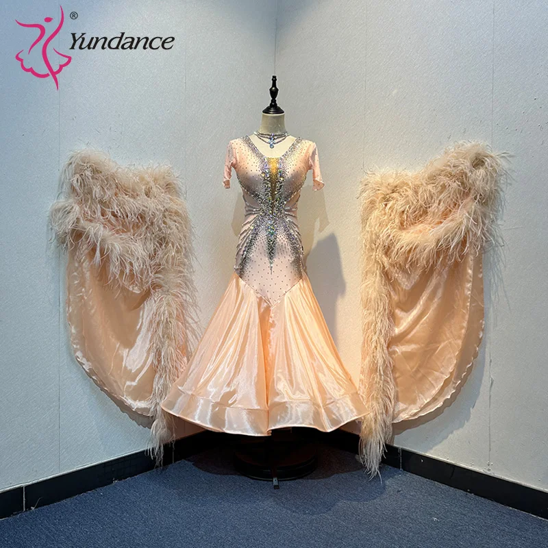 B-24077 New International Standard Elegant Ballroom Dress High Quality  Chiffon Ballroom Dance Dresses with Ostrich Feathers