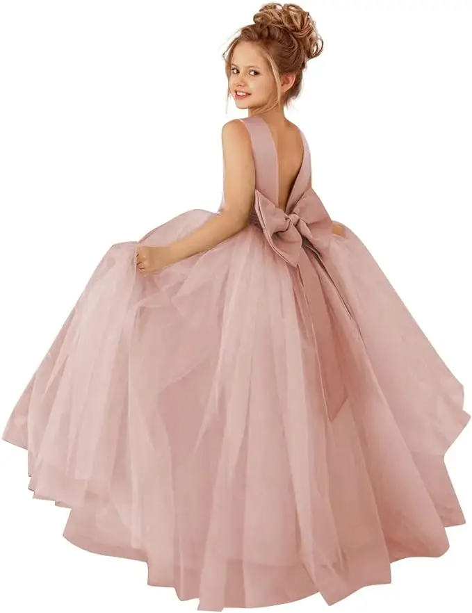 Flower Girls Satin Tulle Princess Pageant Dress For Wedding Kids Pearls
