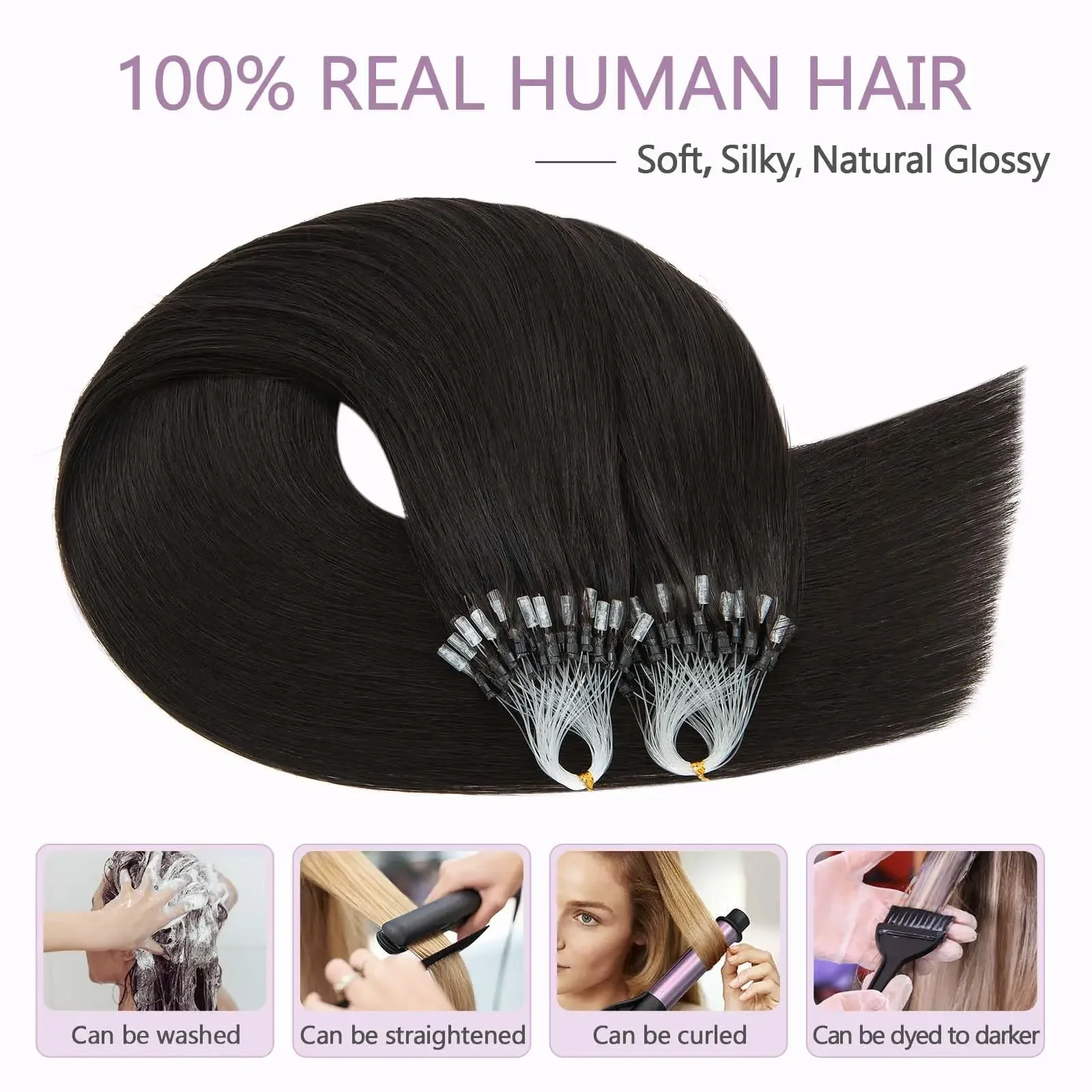 Micro Link Haarverlängerungen Echthaar #1B Natürliches Schwarz Microlink Haarverlängerungen Micro Loop Echthaarverlängerungen Fusion Hair_voghion.com