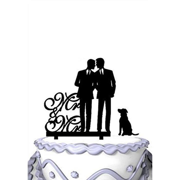 MR & MR WEDDING CAKE TOPPER-DOG/MEN/MAN GAY-BLACK ACRYLIC-SILHOUETTE-ENGAGEMENT 