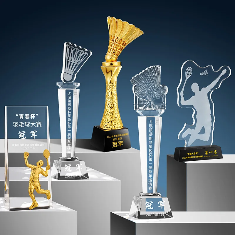 Wholesale Virous Designs Colored Crystal Badminton Game Trophy Sport Event Souvenir Trophy Awards Metal Medals supplier