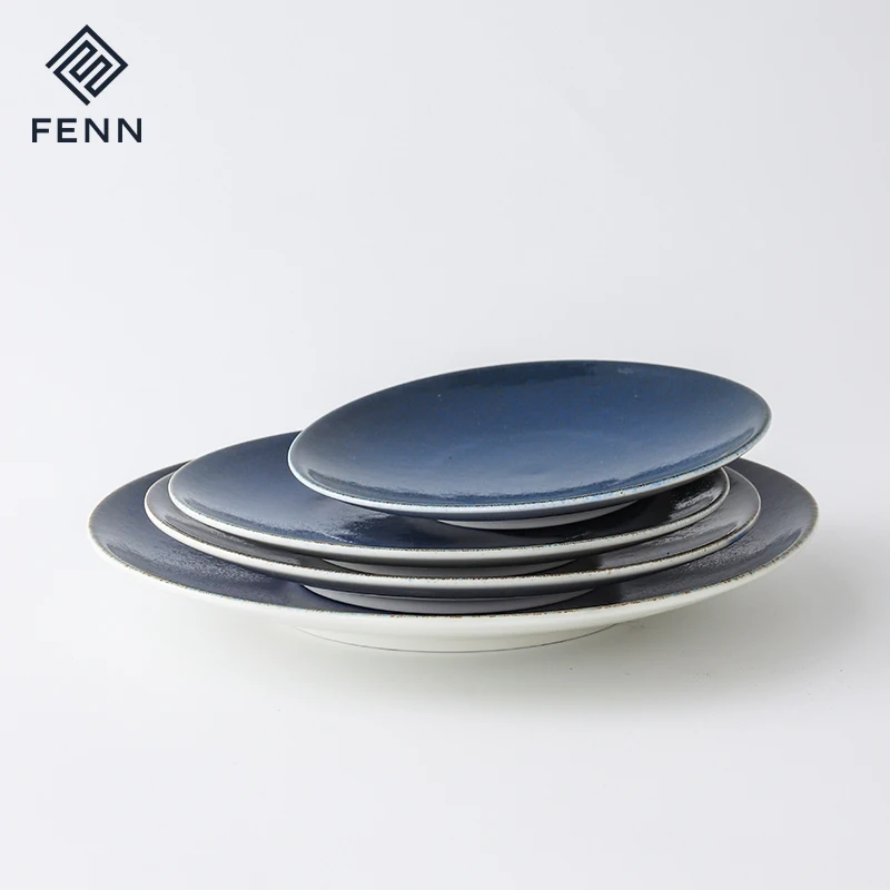 European Reactive Blue Color Round Steak Plate Platos Para Hotel Porcelain Dinning Flat Plate Ceramic For Wedding Hotel