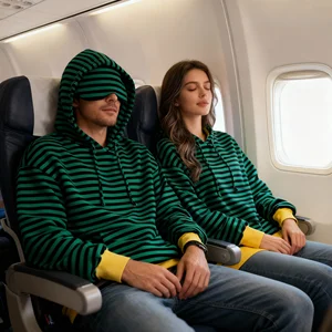 Custom Design Multi-functional comfort Bamboo Viscose Blend Airplane Striped Hoodie Hooded Sleepwear with Eye Mask