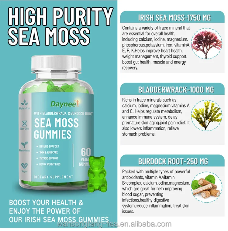 Vegan Sea Moss Gummies Candy Slimming Skin Whitening Hair Biotin ...
