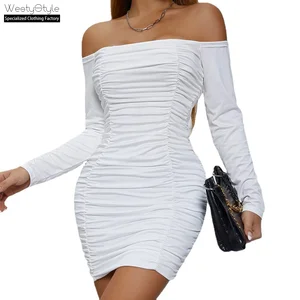 European American Women's Elegant Off-Shoulder Bodycon Dress Long Sleeve Ruched Casual Dress for Spring Autumn Chiffon Natural