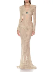 High Quality Wholesale Fashion Sexy Cover-up Deep V-Neck Long Dress Hollowed-Out Long Sleeves Dress