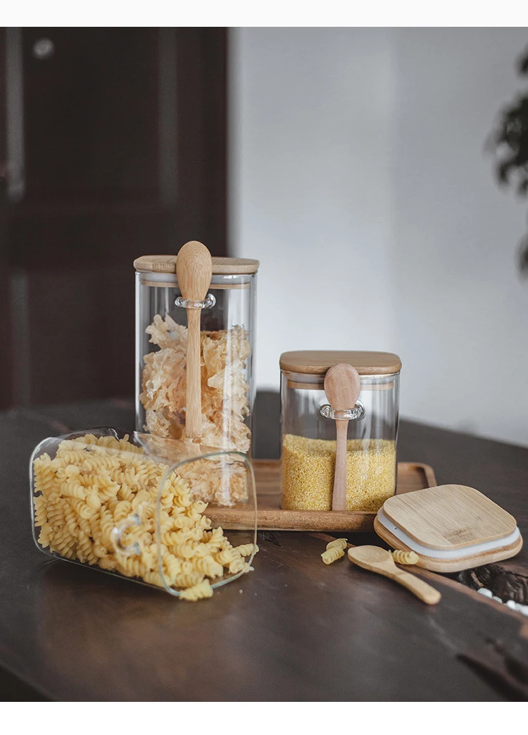 1000ml 1200ml 1500ml Square Shape Glass Spice Food Storage Container Jar with Bamboo Lid and Wooden Spoon for Food Storage