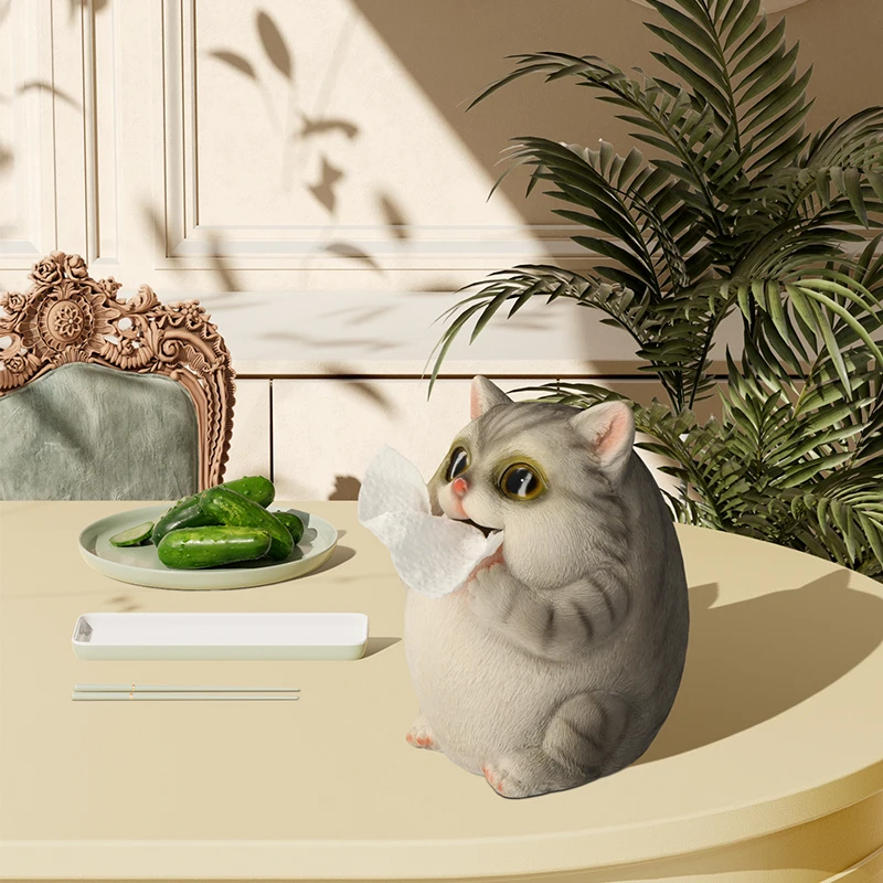 Cute Cat Tissue Box Cover Desk Statue Resin Decor Dispenser Box Case with Figurine Grey Tissue Holder Design Style